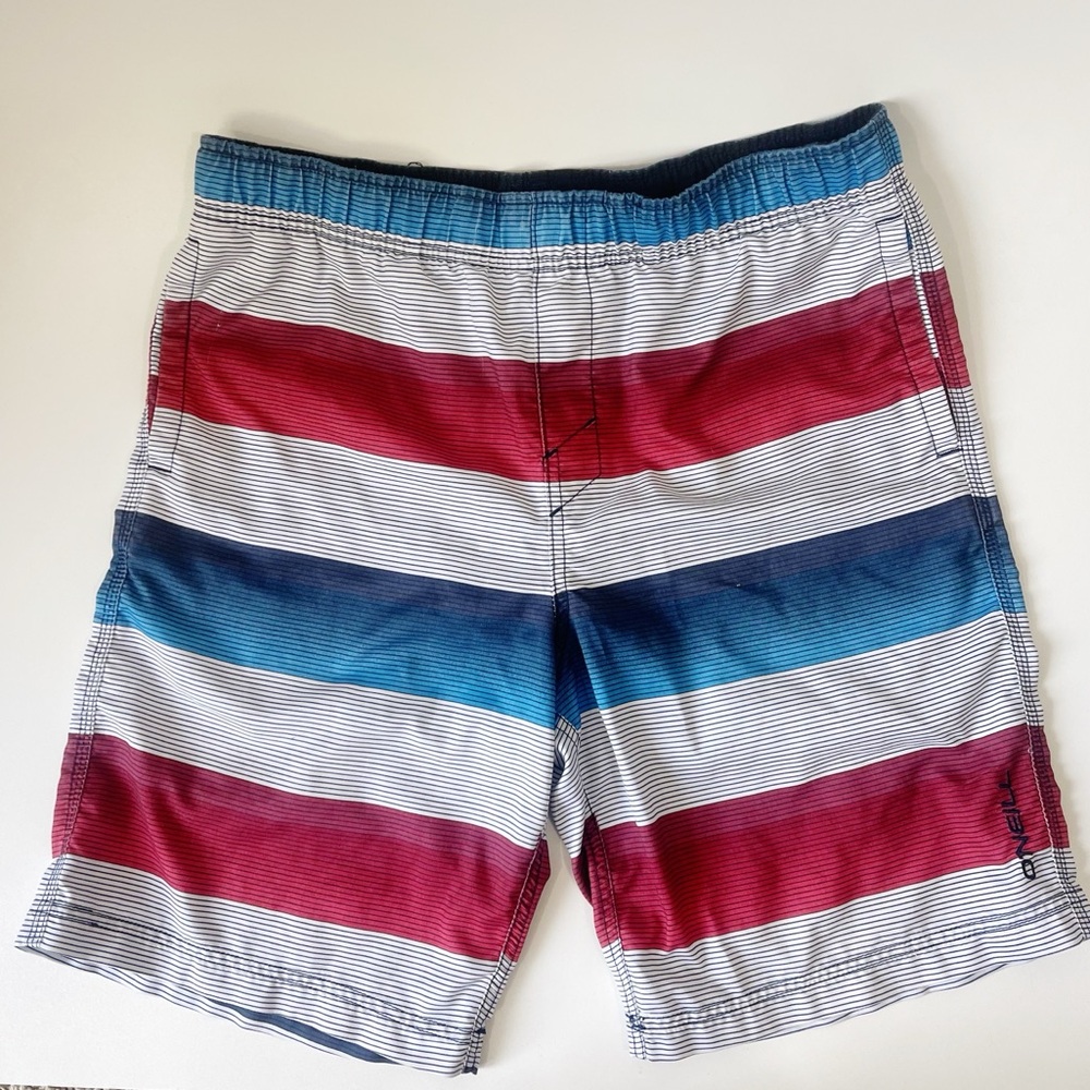 O’Neill Bathing Suit Swim Trunks Red Blue Striped Size Large - Picture 1 of 9